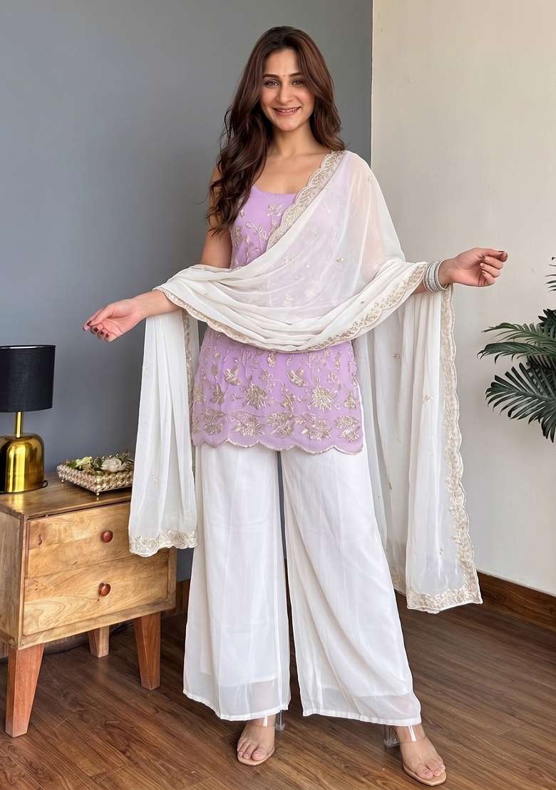 Lavender Thread Work Georgette Kurta Set - Indya
