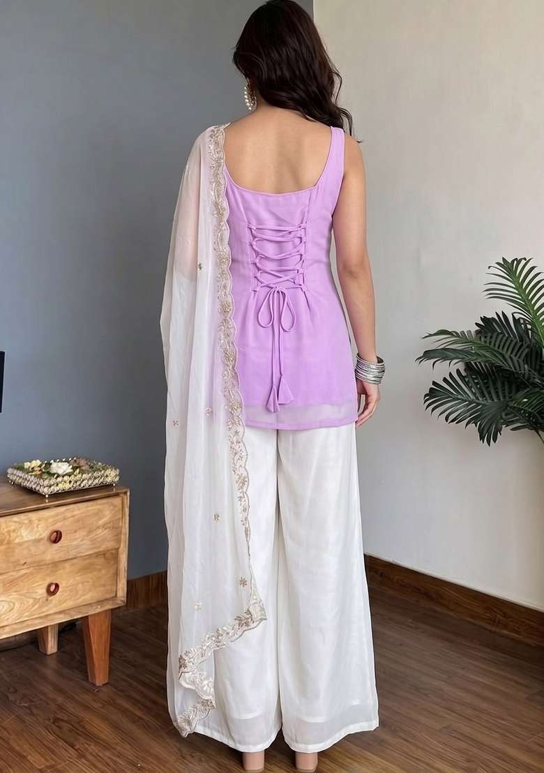 Lavender Thread Work Georgette Kurta Set - Indya