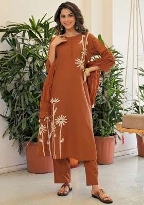 Brown Floral Print Rayon Kurta Set