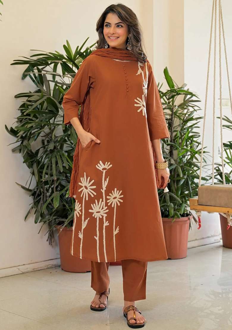 Brown Floral Print Rayon Kurta Set - Indya