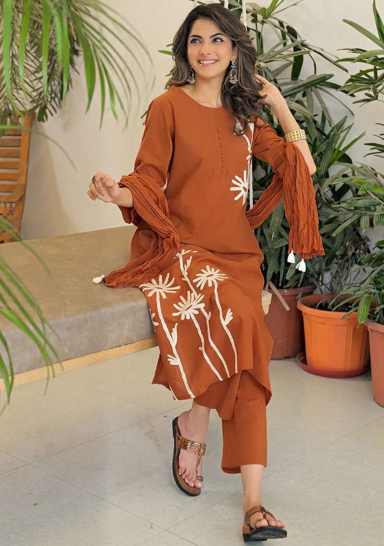 Brown Floral Print Rayon Kurta Set - Indya