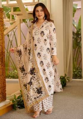 Off White Floral Print Rayon Kurta Set