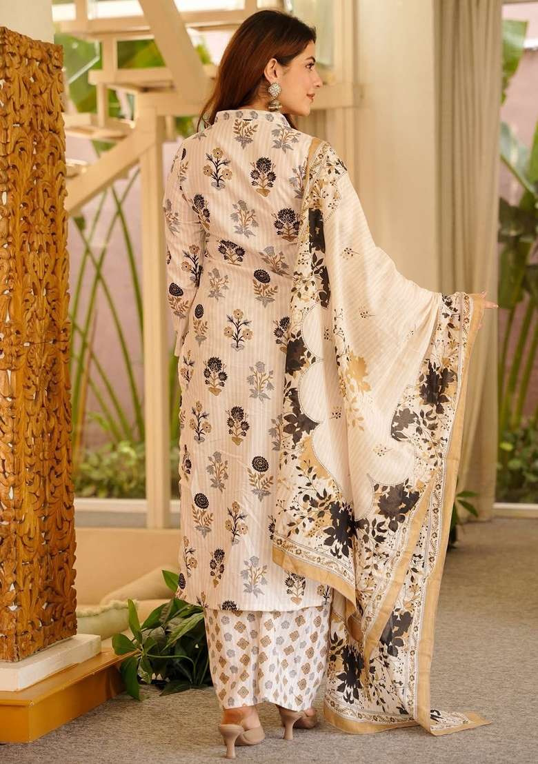 Off White Floral Print Rayon Kurta Set - Indya