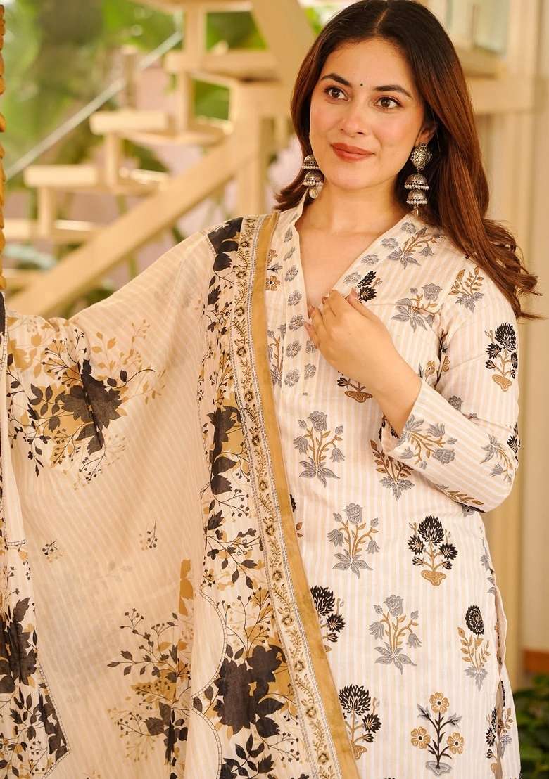 Off White Floral Print Rayon Kurta Set - Indya