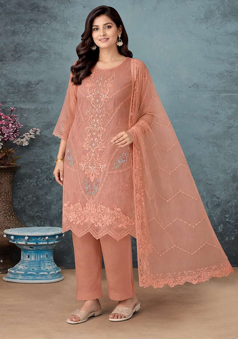 Orange Embroidery Organza Kurta Set - Indya