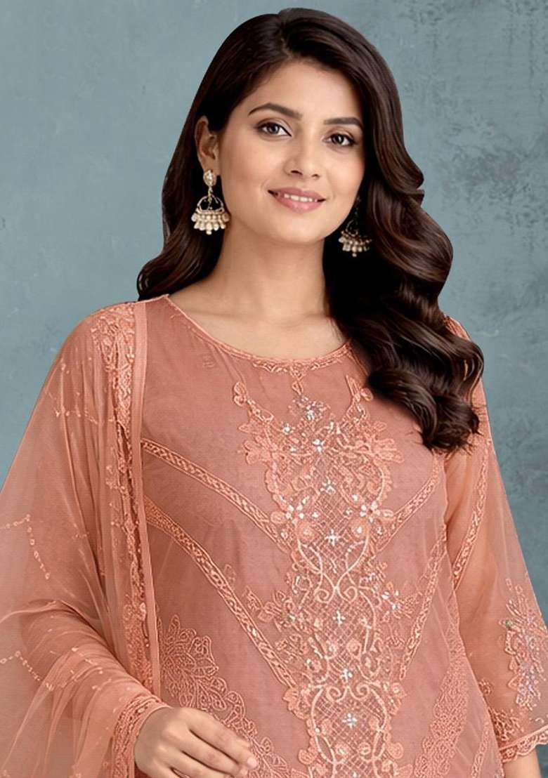 Orange Embroidery Organza Kurta Set - Indya