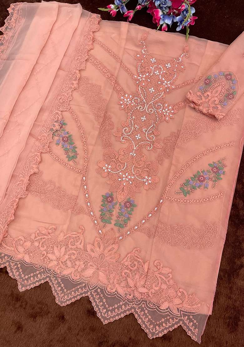 Orange Embroidery Organza Kurta Set - Indya