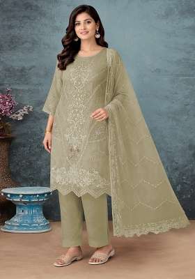 Olive Green Embroidery Organza Kurta Set