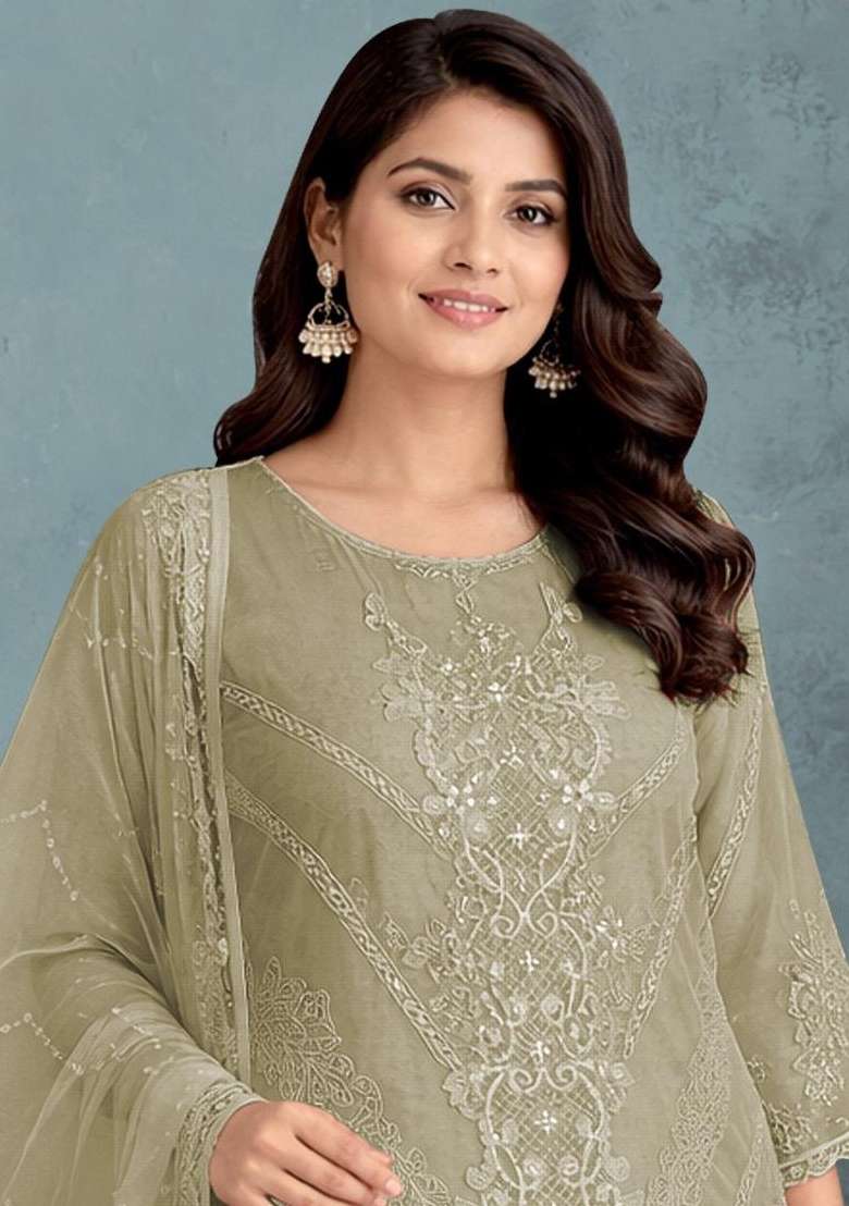 Olive Green Embroidery Organza Kurta Set - Indya