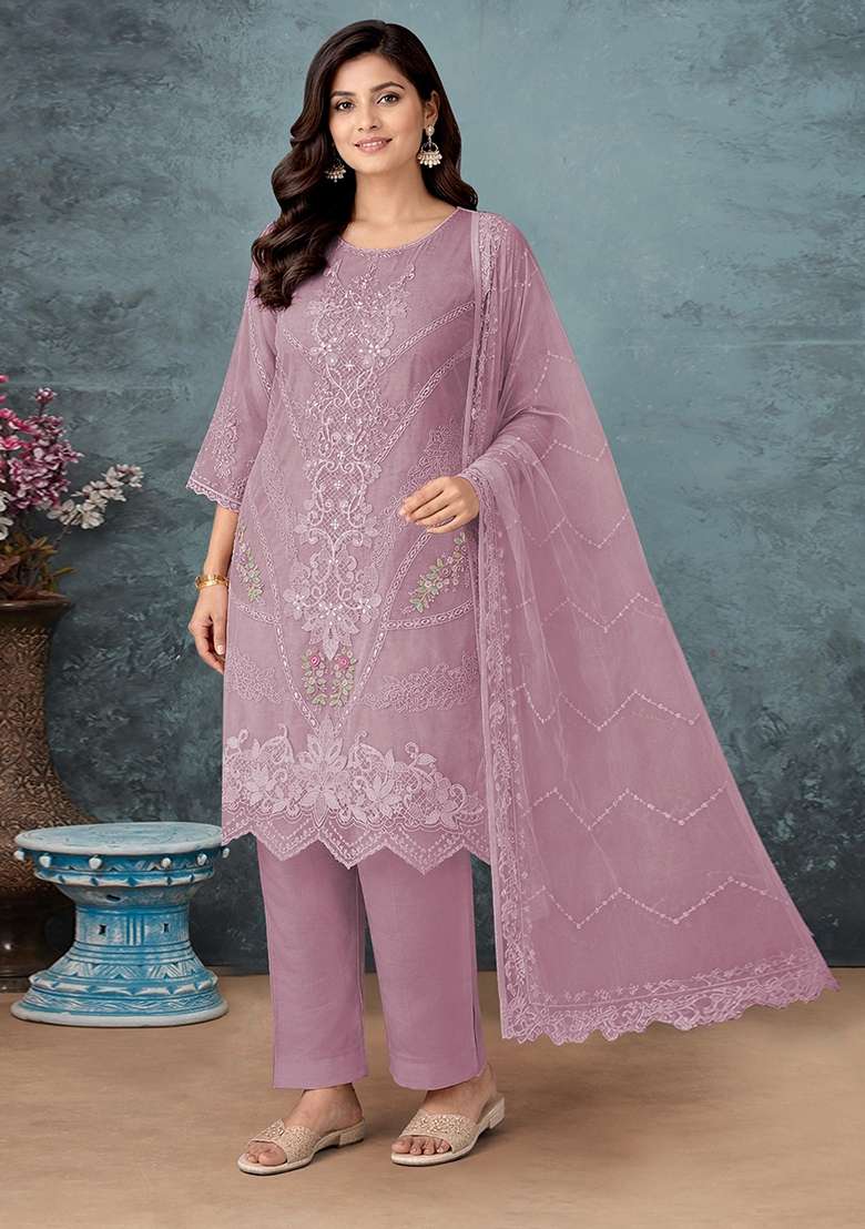 Lavender Embroidery Organza Kurta Set - Indya