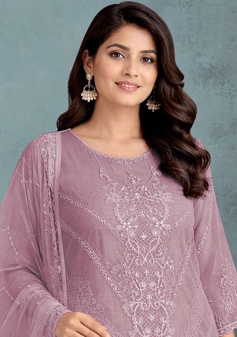 Lavender Embroidery Organza Kurta Set - Indya