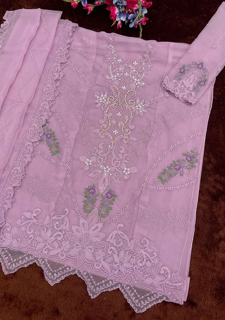 Lavender Embroidery Organza Kurta Set - Indya