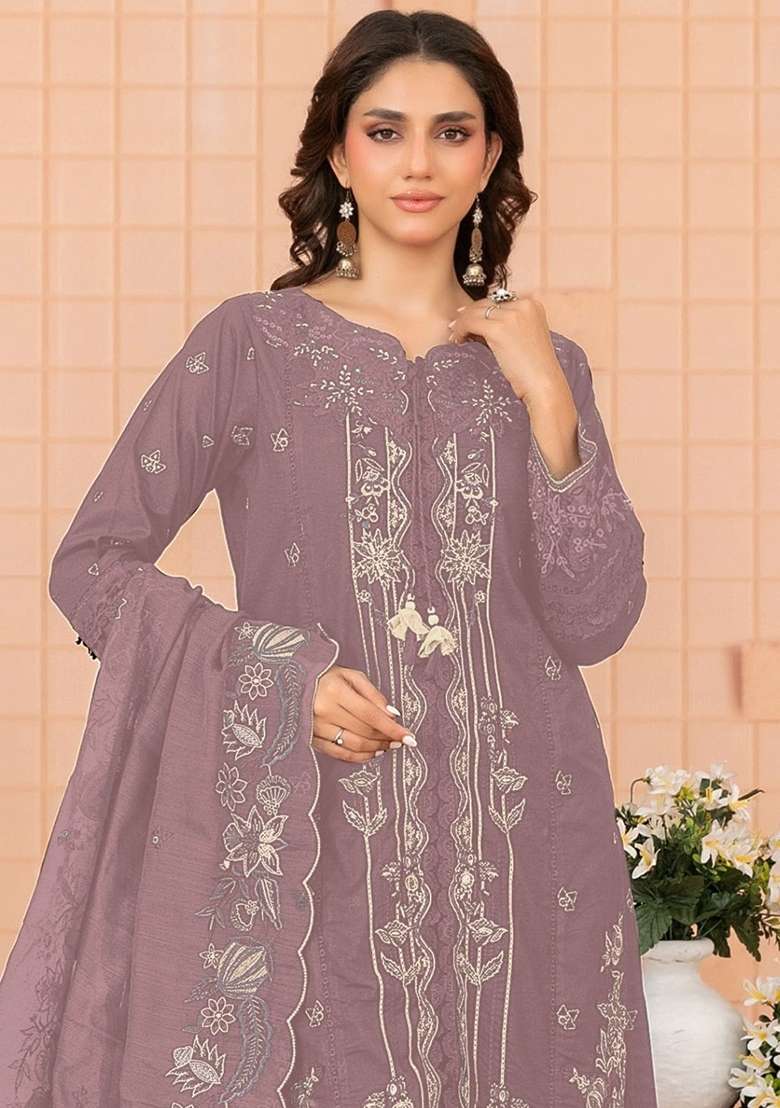 Mauve Embroidery Cotton Kurta Set - Indya