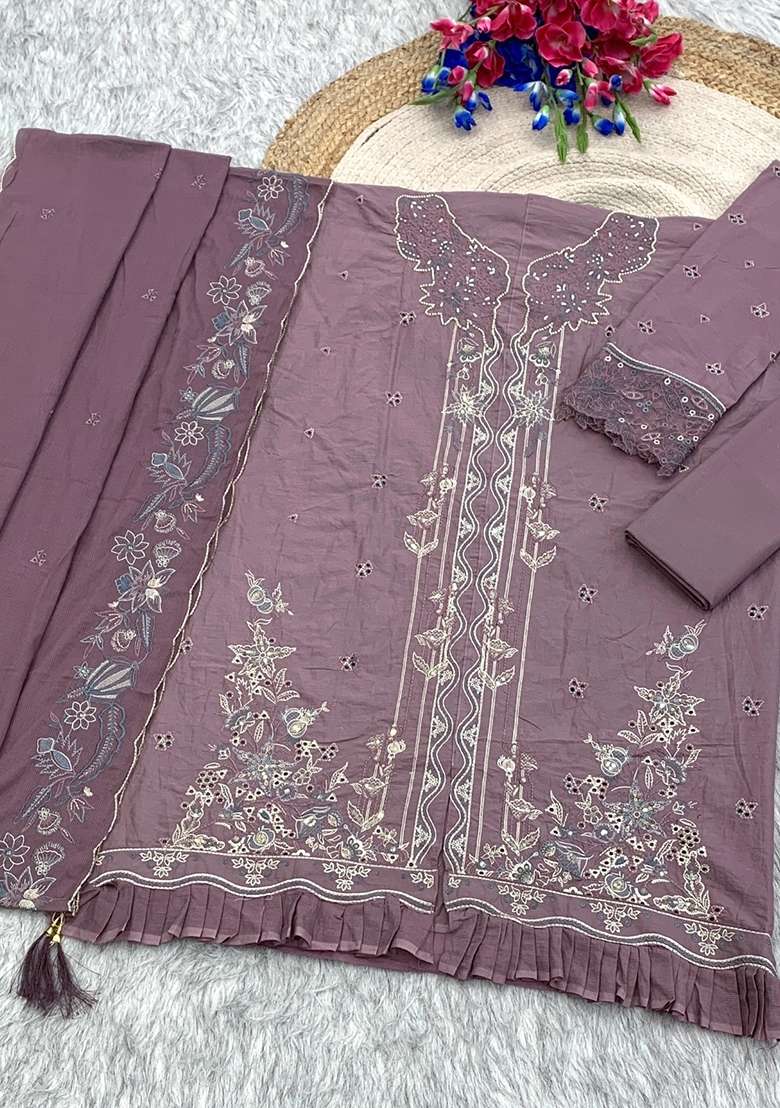 Mauve Embroidery Cotton Kurta Set - Indya