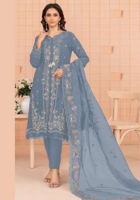 Sky Blue Embroidery Cotton Kurta Set