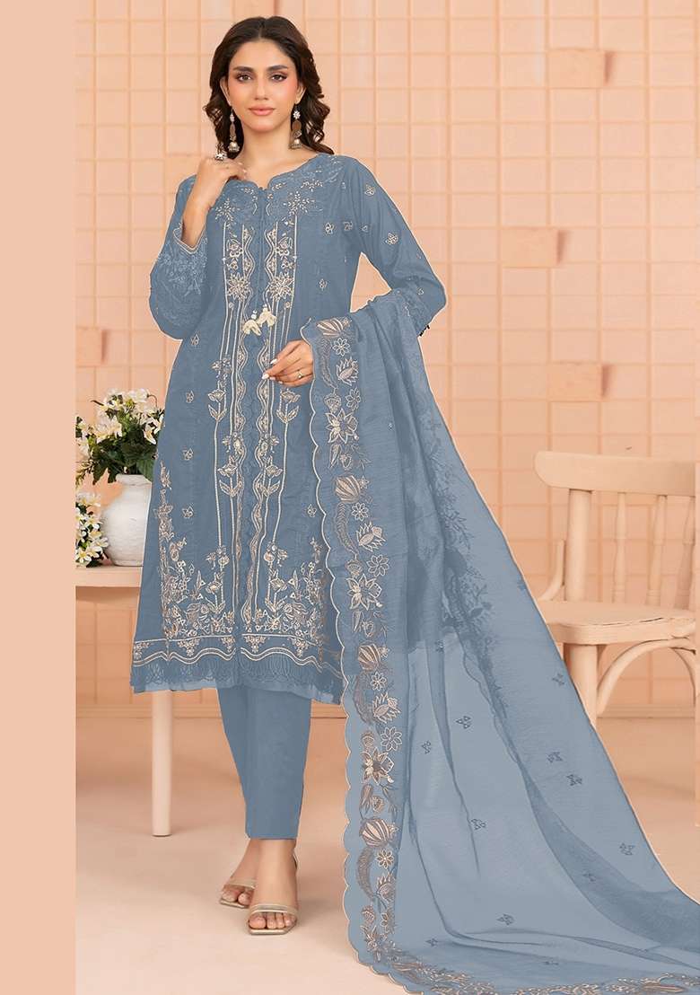 Sky Blue Embroidery Cotton Kurta Set - Indya