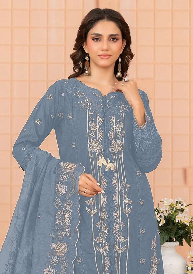 Sky Blue Embroidery Cotton Kurta Set - Indya
