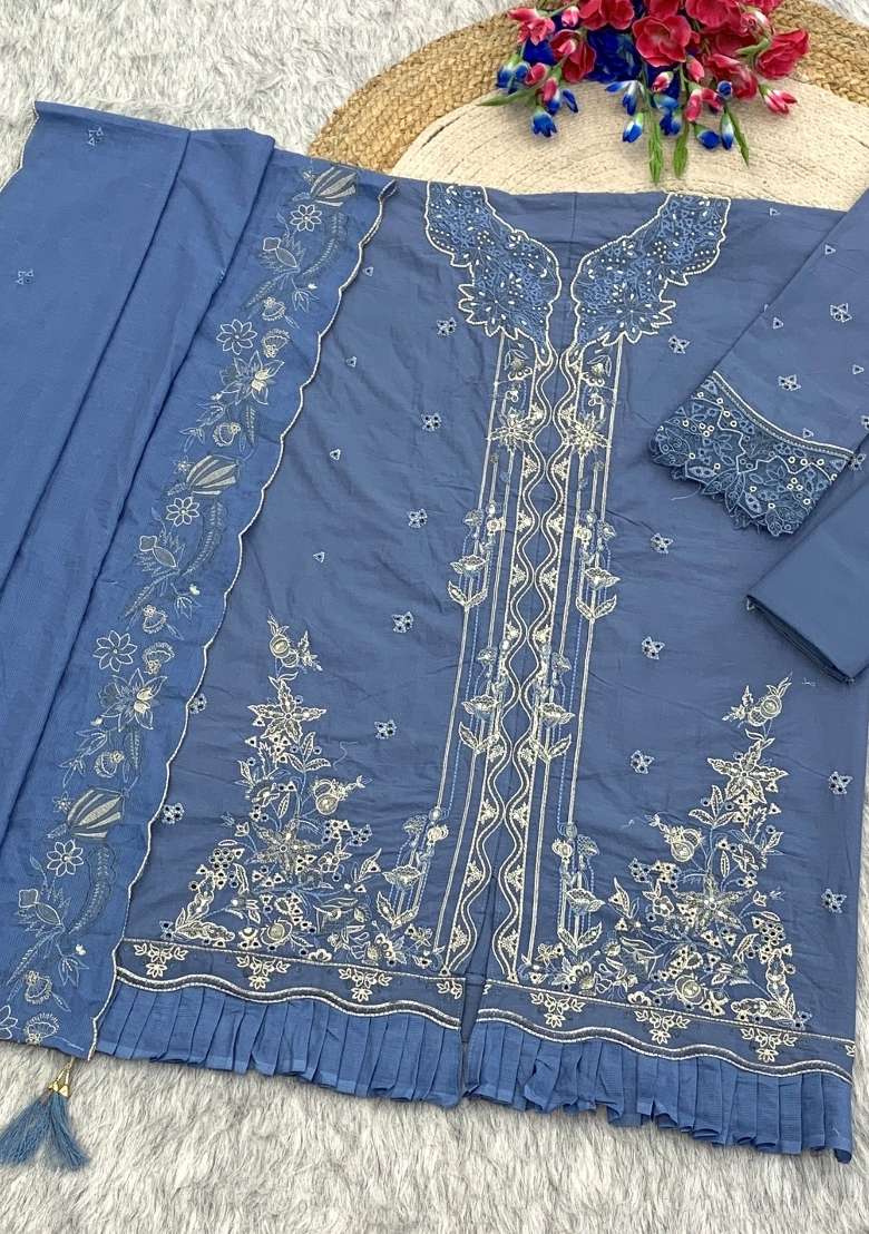 Sky Blue Embroidery Cotton Kurta Set - Indya