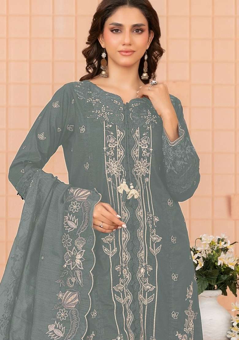 Sea Green Embroidery Cotton Kurta Set - Indya