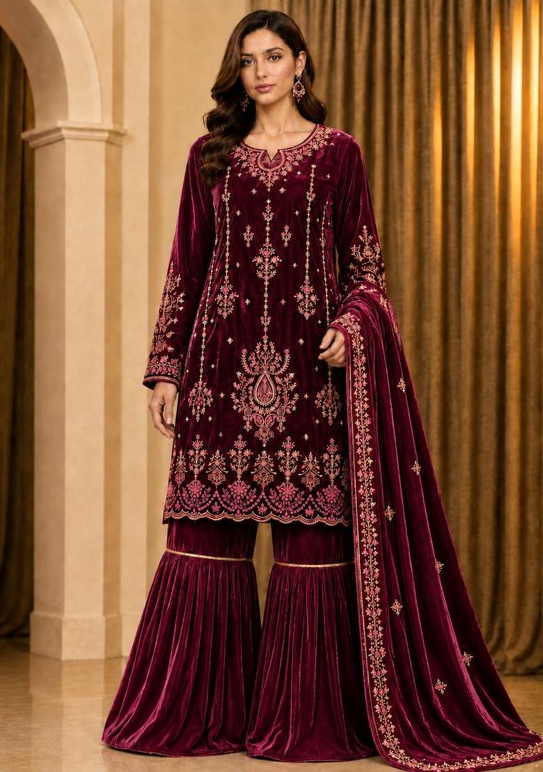 Red Embroidery Velvet Kurta Set - Indya