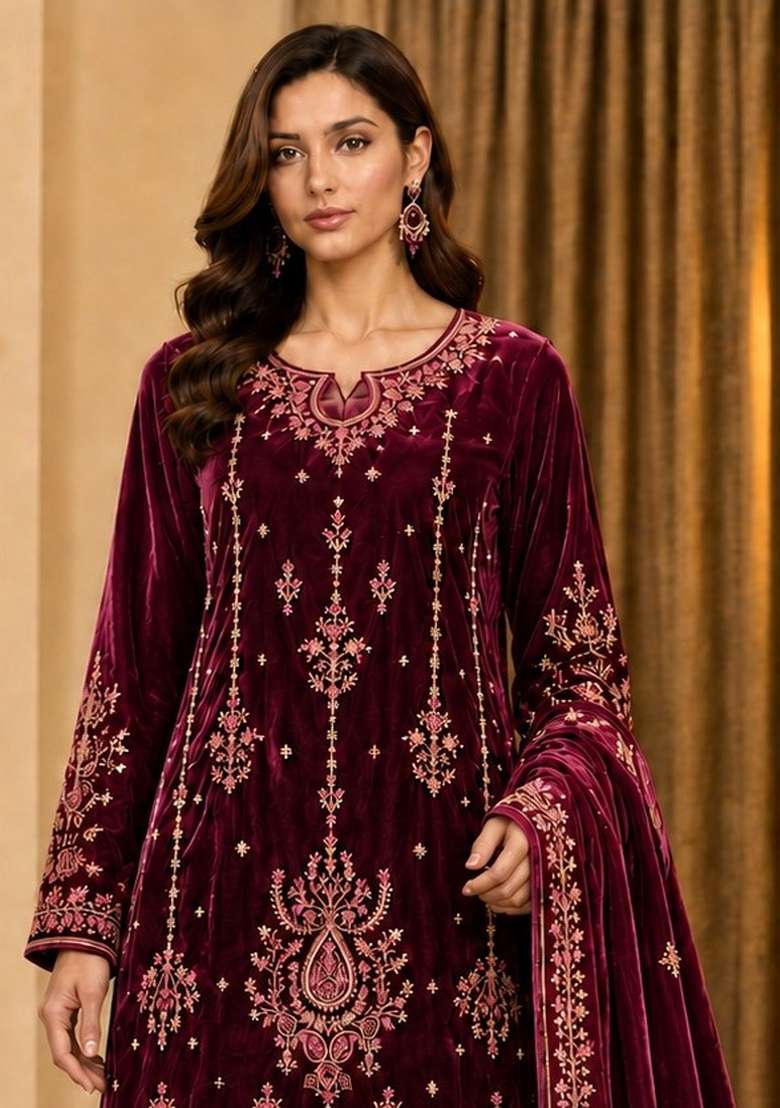 Red Embroidery Velvet Kurta Set - Indya