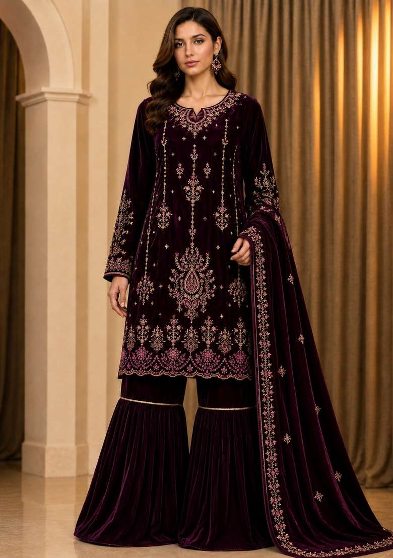 Wine Embroidery Velvet Kurta Set - Indya