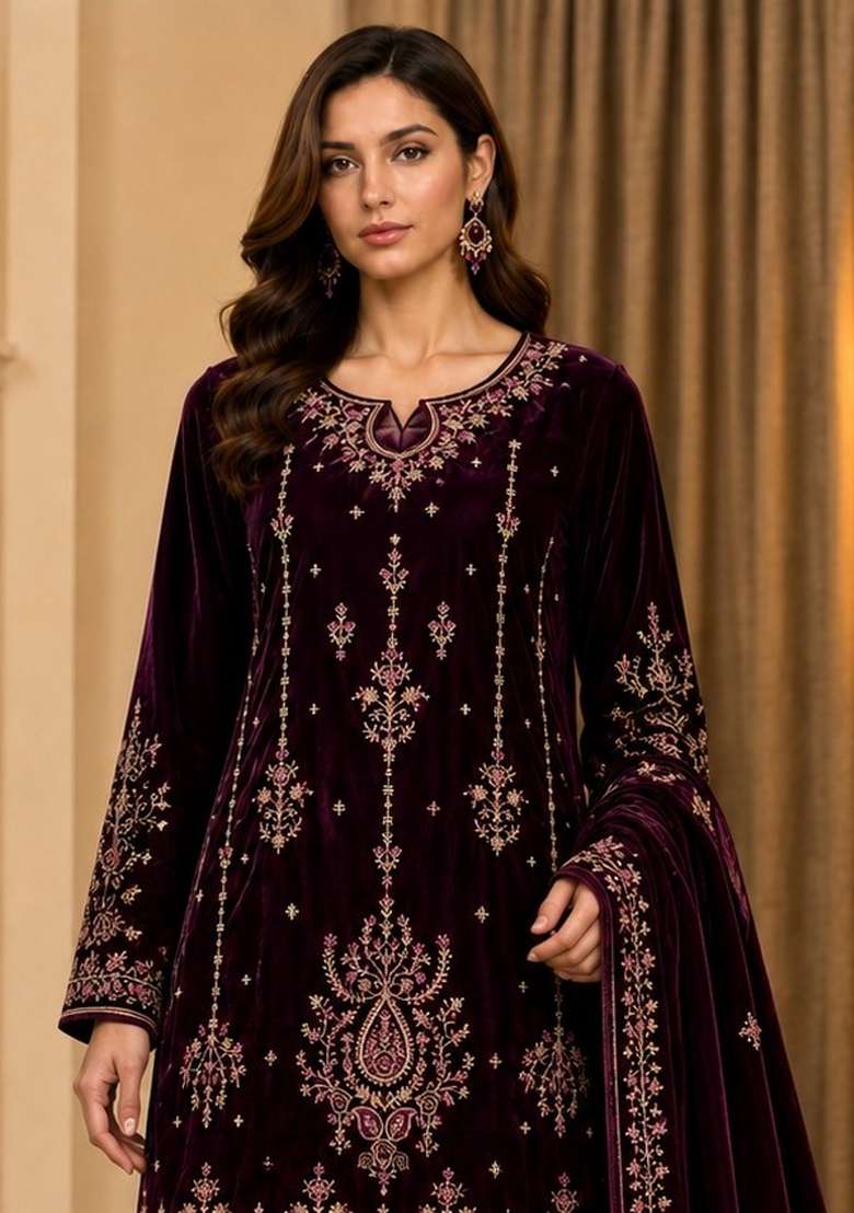 Wine Embroidery Velvet Kurta Set - Indya