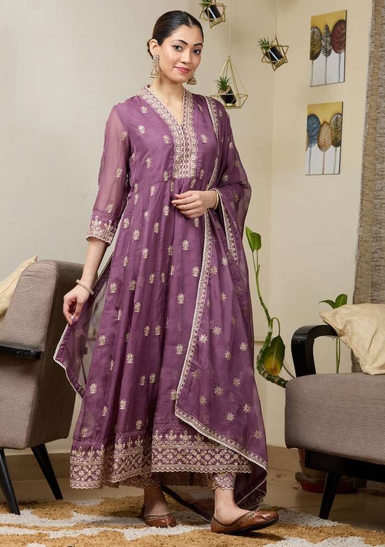 Purple Embroidery Georgette Kurta Set - Indya