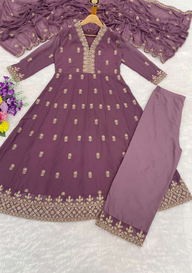 Purple Embroidery Georgette Kurta Set - Indya
