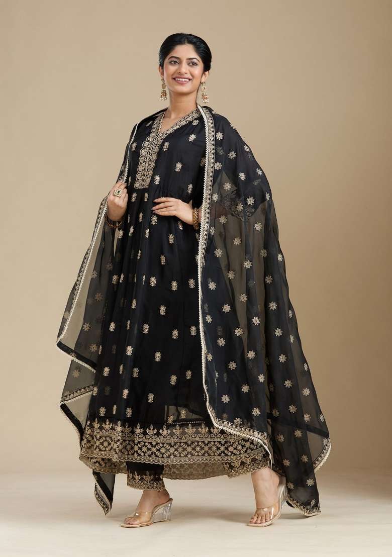 Black Embroidery Georgette Kurta Set - Indya