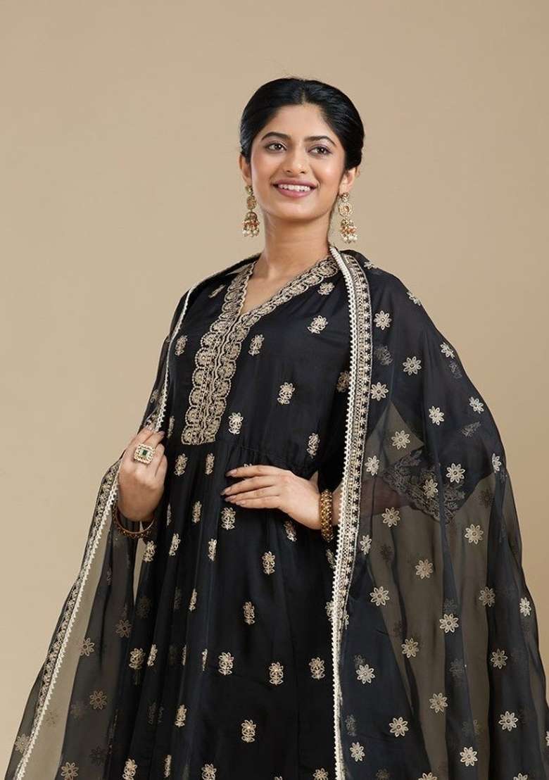 Black Embroidery Georgette Kurta Set - Indya