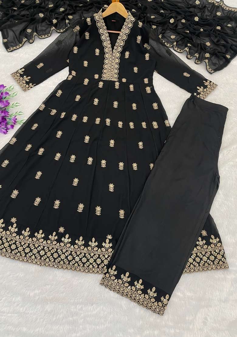Black Embroidery Georgette Kurta Set - Indya