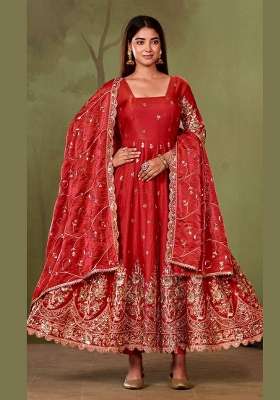 Red Embroidery Silk Kurta Set