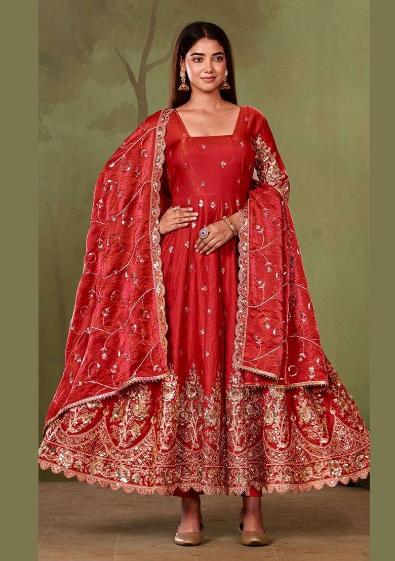 Red Embroidery Silk Kurta Set - Indya