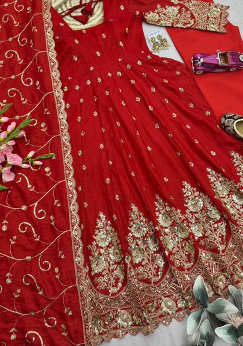 Red Embroidery Silk Kurta Set - Indya