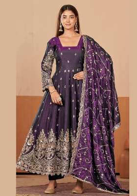 Purple Embroidery Silk Kurta Set
