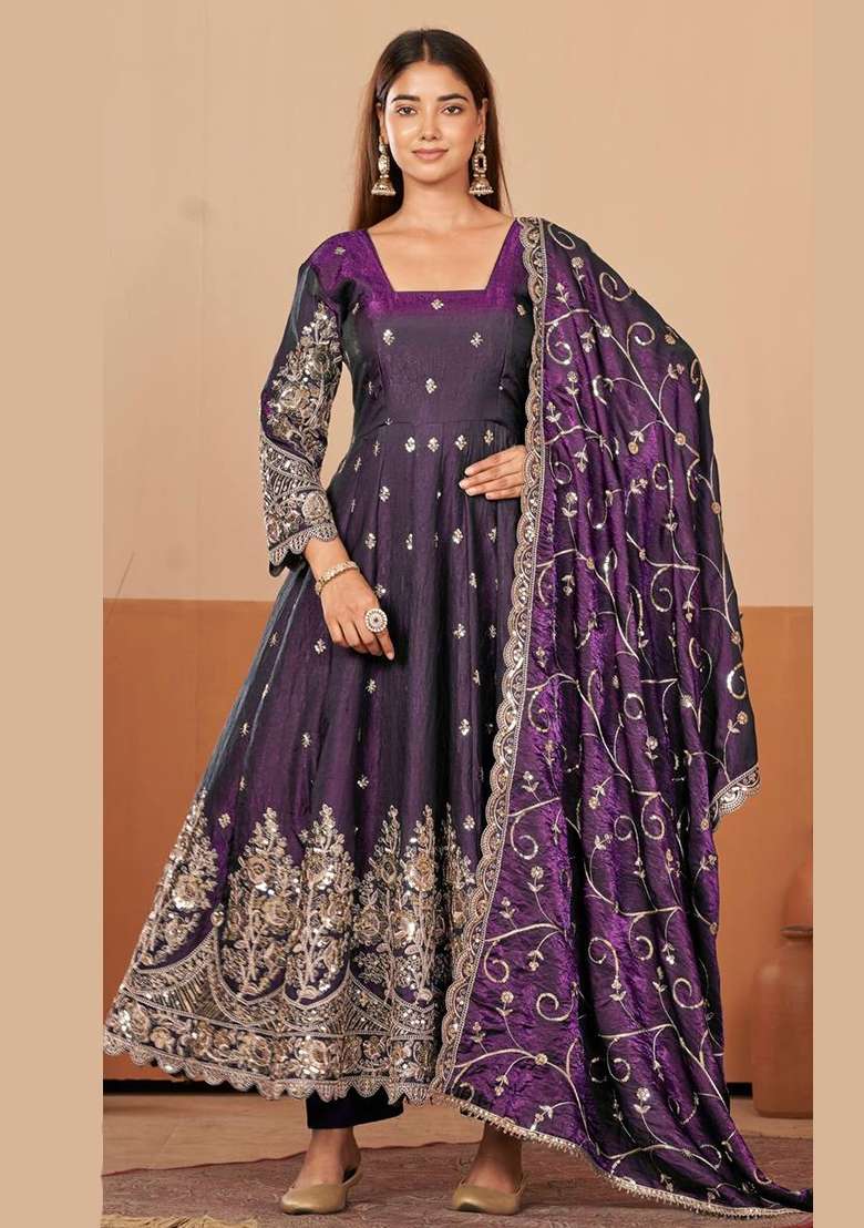 Purple Embroidery Silk Kurta Set - Indya