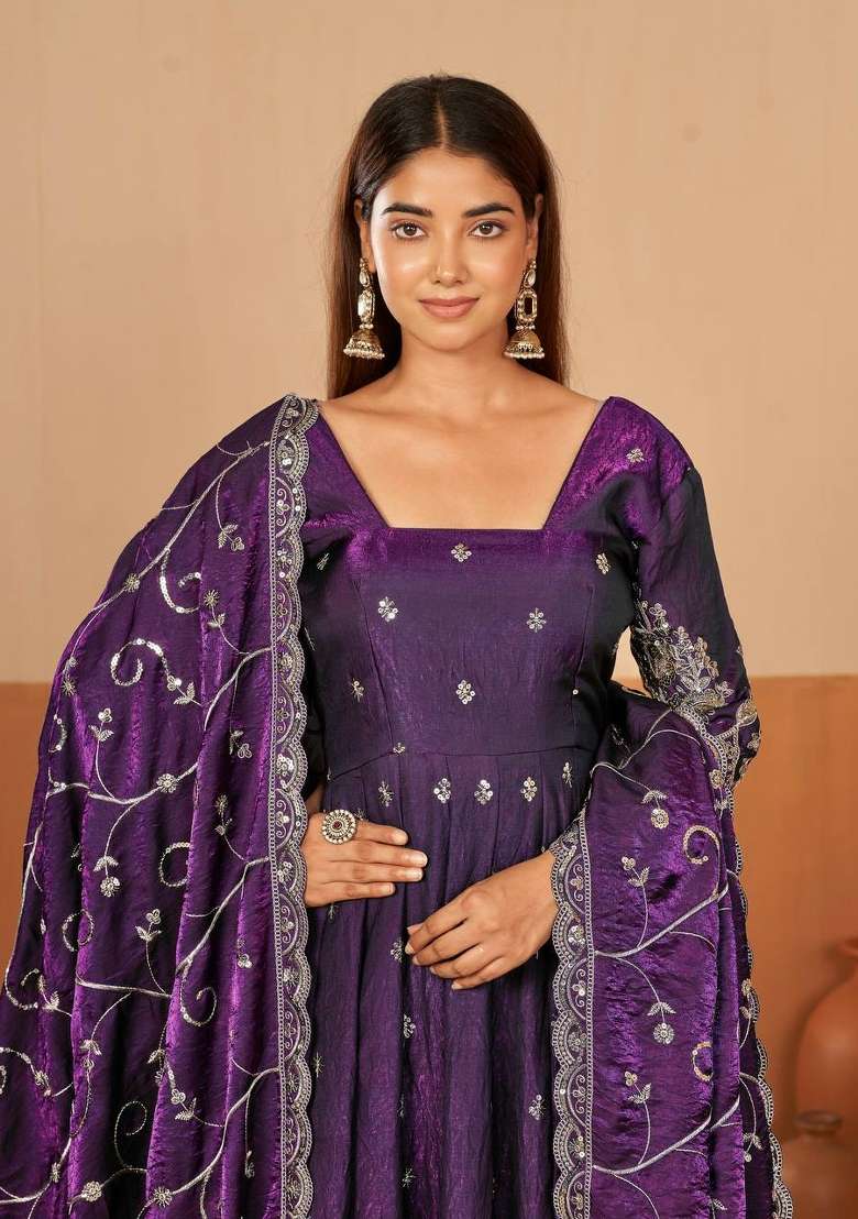 Purple Embroidery Silk Kurta Set - Indya