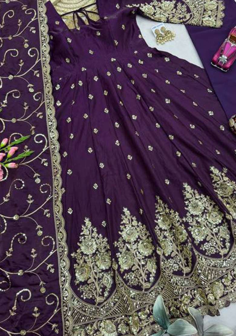 Purple Embroidery Silk Kurta Set - Indya