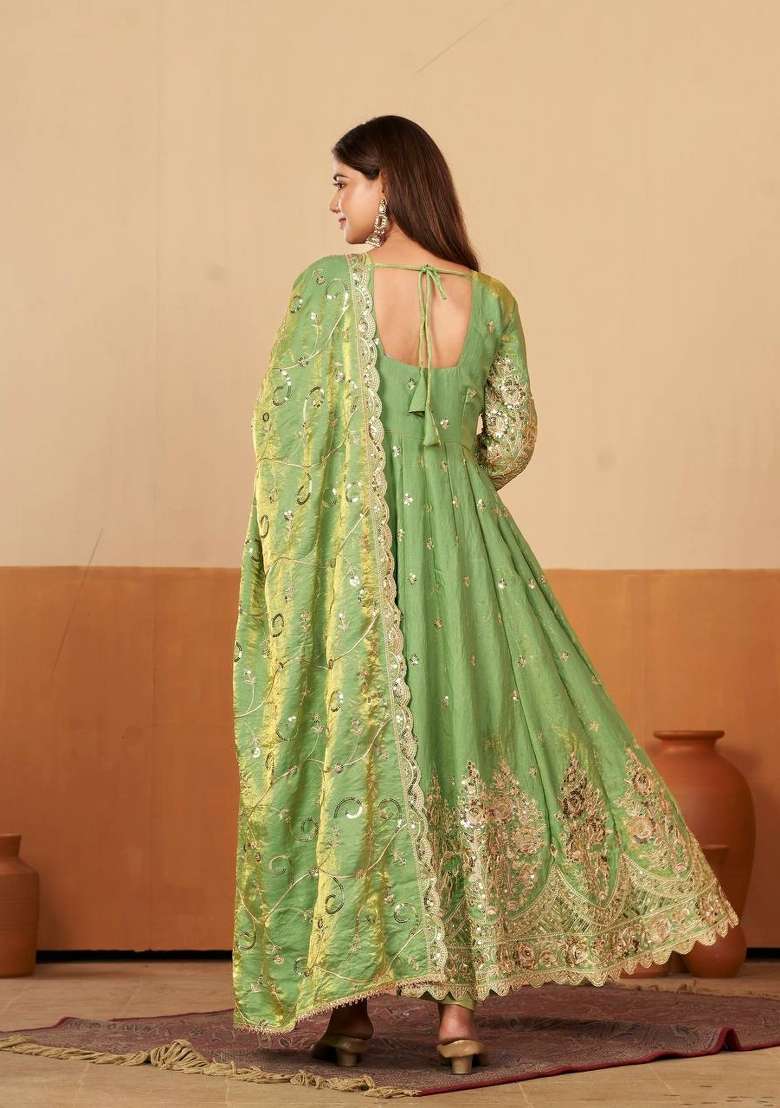 Light Green Embroidery Silk Kurta Set - Indya