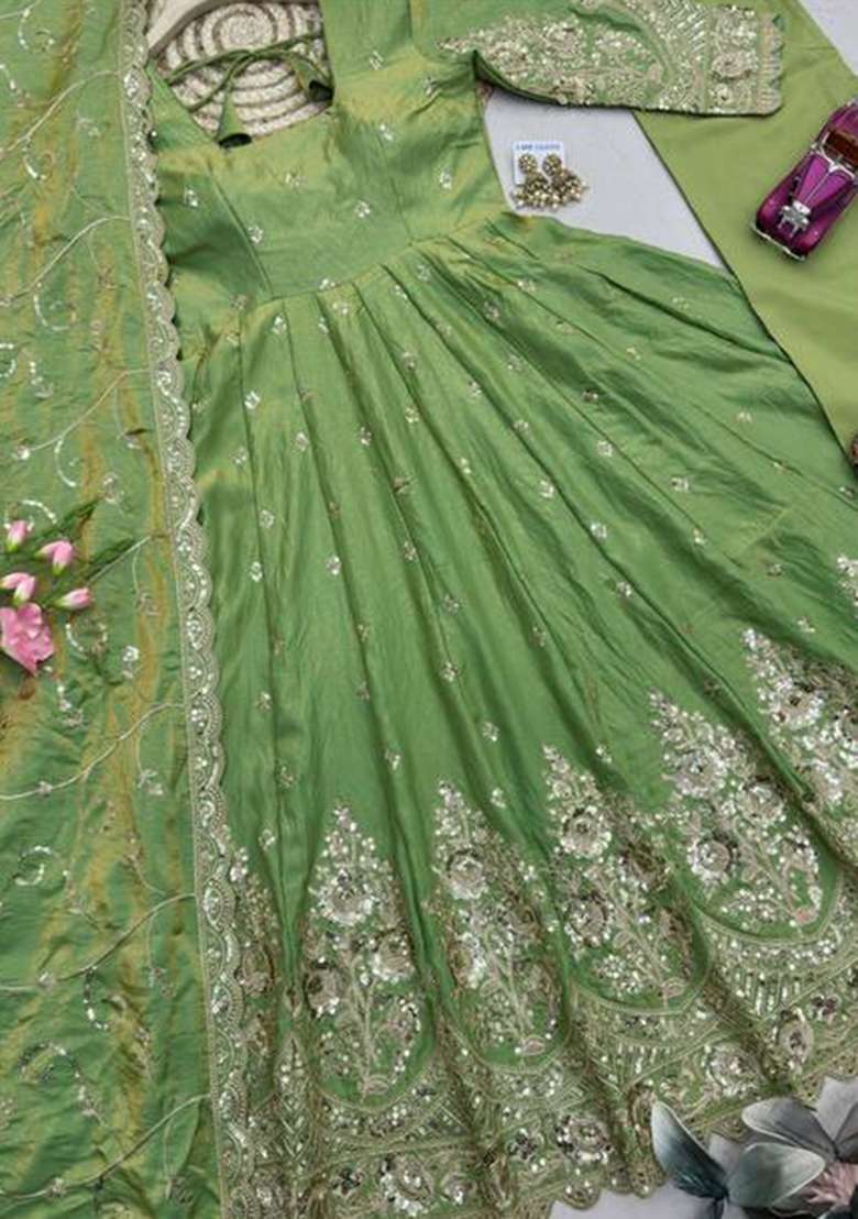 Light Green Embroidery Silk Kurta Set - Indya