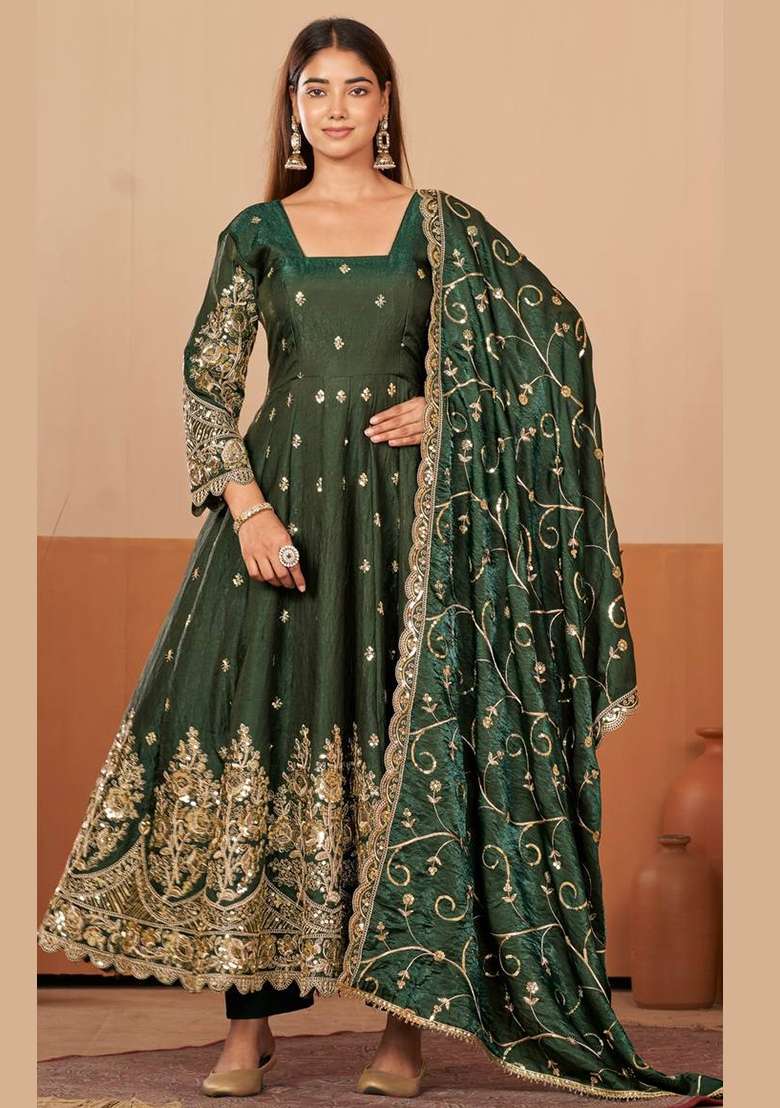 Green Embroidery Silk Kurta Set - Indya