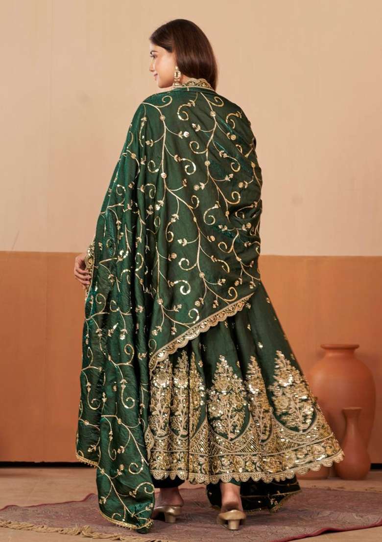 Green Embroidery Silk Kurta Set - Indya