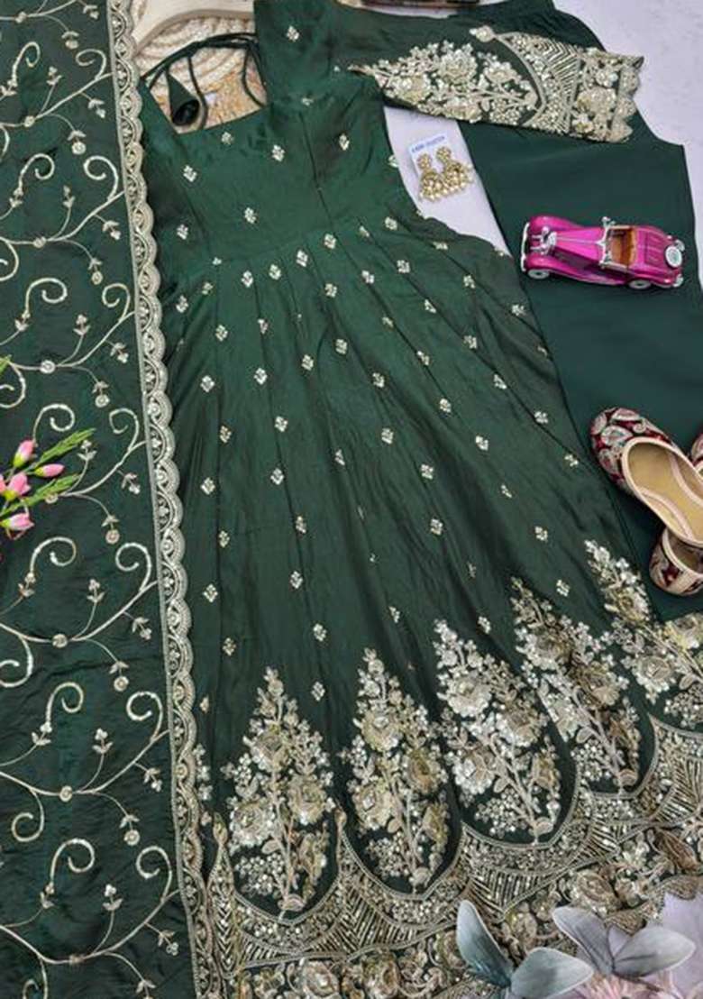 Green Embroidery Silk Kurta Set - Indya