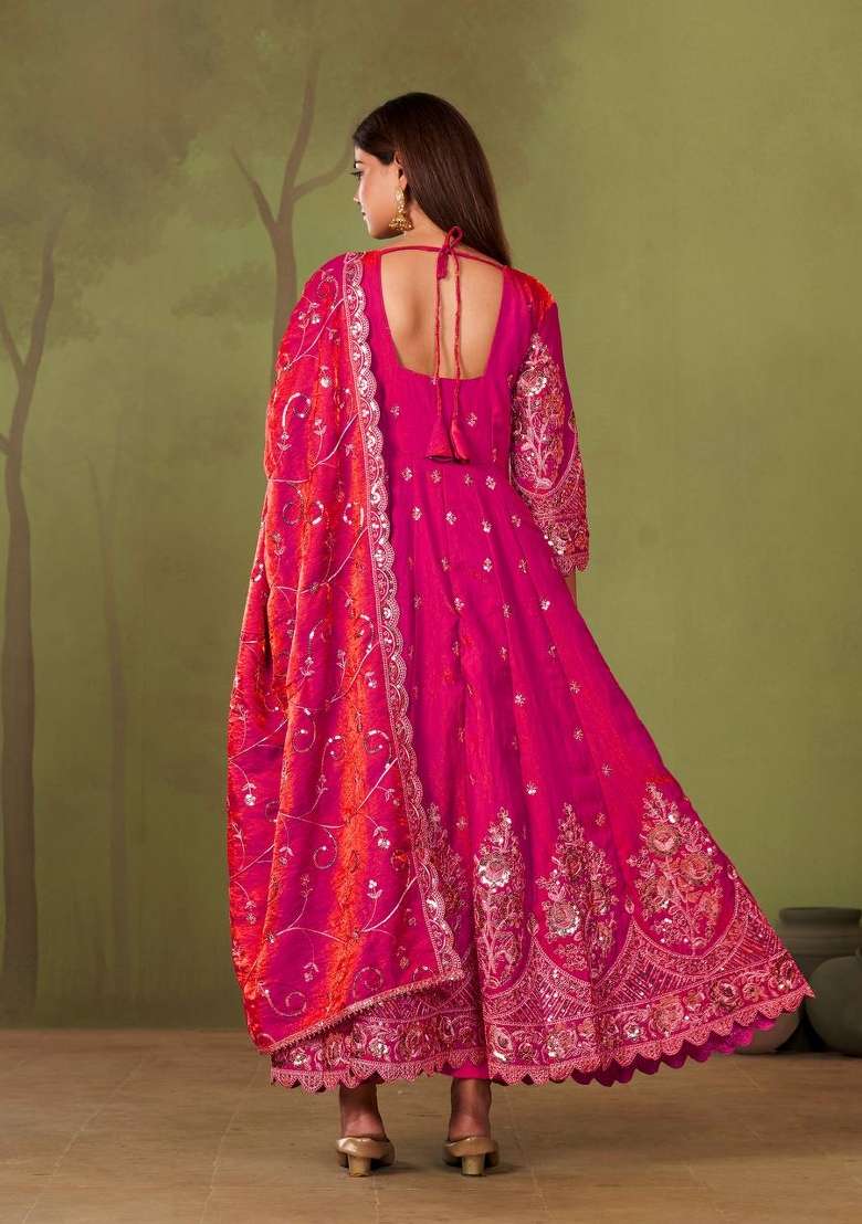 Pink Embroidery Silk Kurta Set - Indya