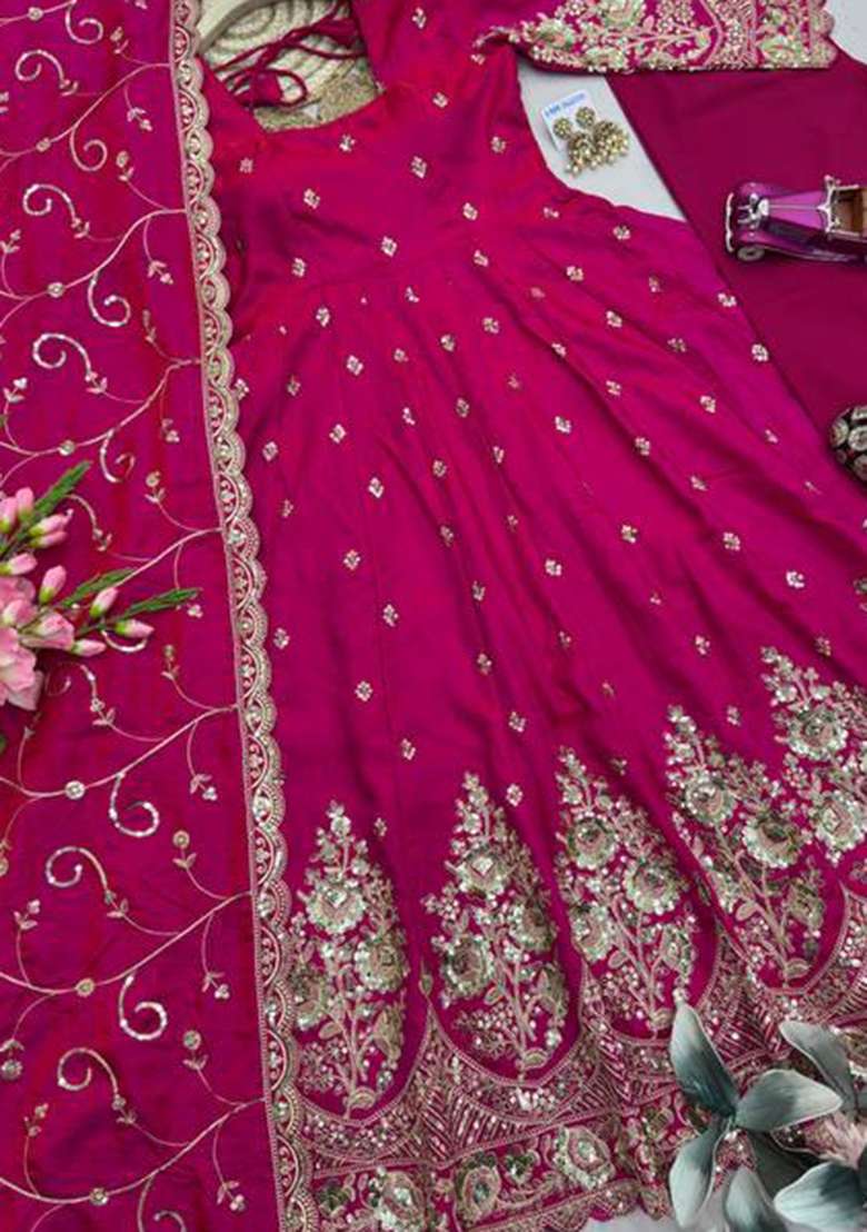 Pink Embroidery Silk Kurta Set - Indya