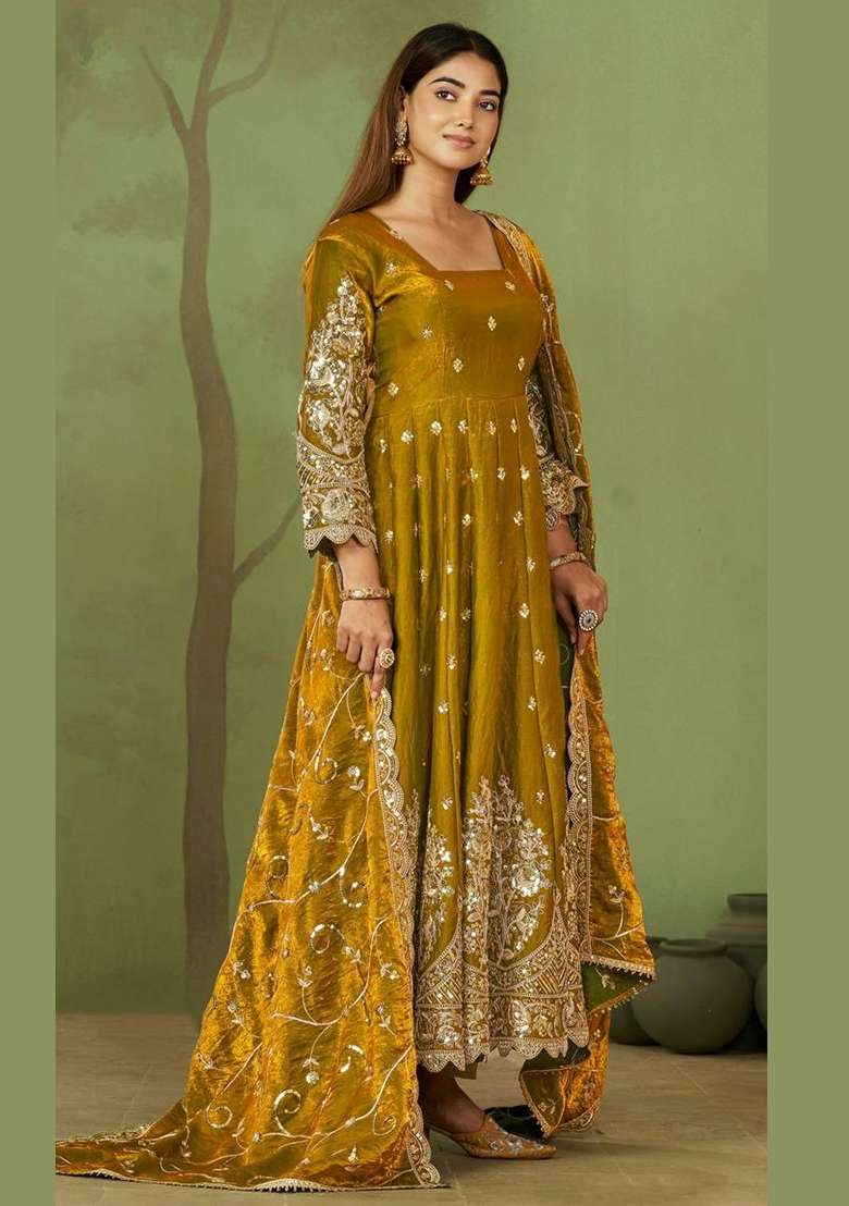 Yellow Embroidery Silk Kurta Set - Indya