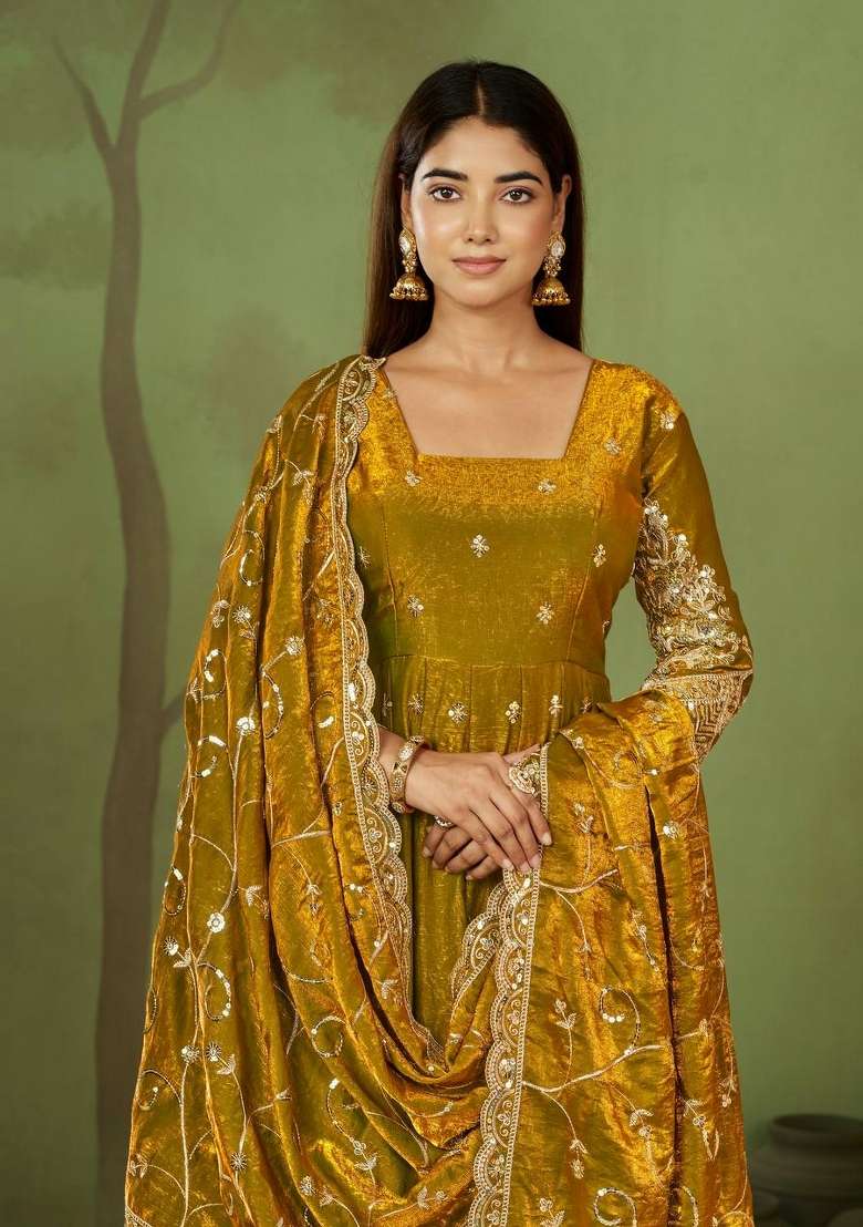 Yellow Embroidery Silk Kurta Set - Indya
