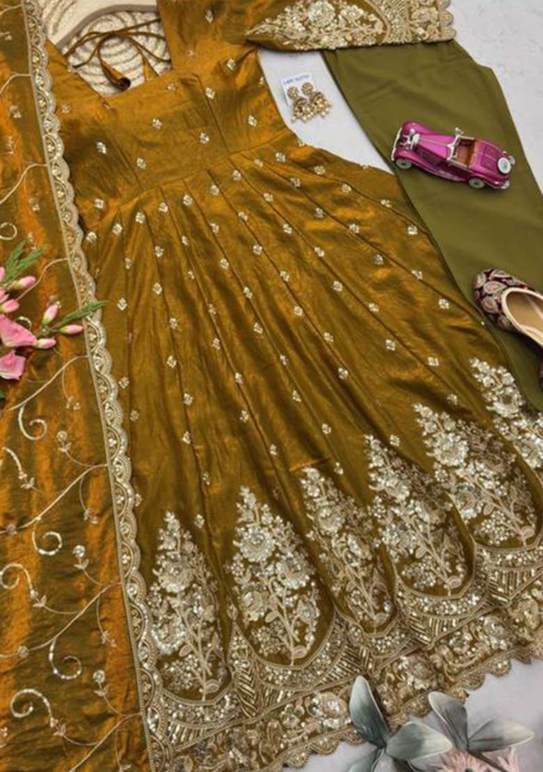 Yellow Embroidery Silk Kurta Set - Indya