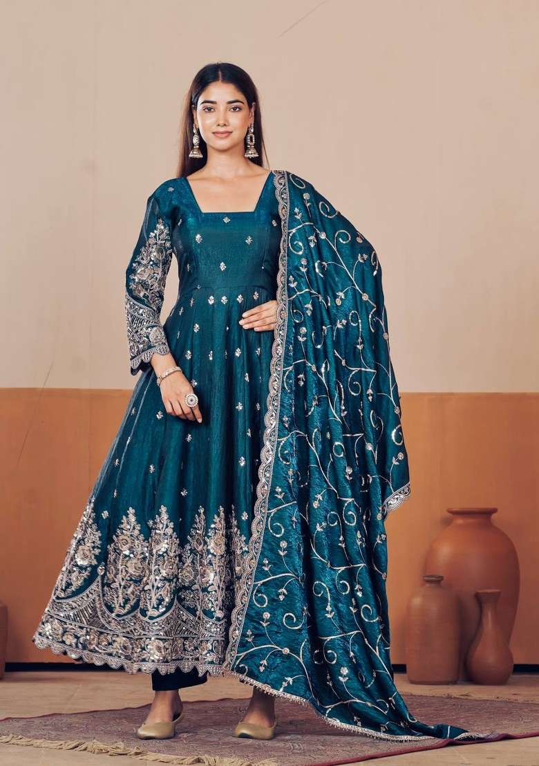 Teal Blue Embroidery Silk Kurta Set - Indya
